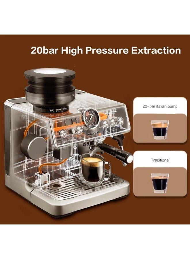20-Bar Semi-Automatic Coffee Machine - Grinder Milk Frother