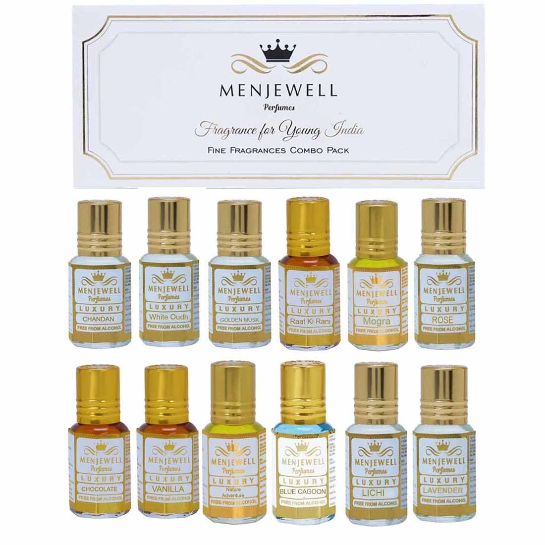 Menjewell white oudh + Royal Mogra + Rose Fresh + Raat Ki Rani + Litchi + Lavender + Golden + Vanilla + Forest Adventure + Chocolate + Chandan-E-Khass + Blue Lagoon - Floral Fruity Woody 12