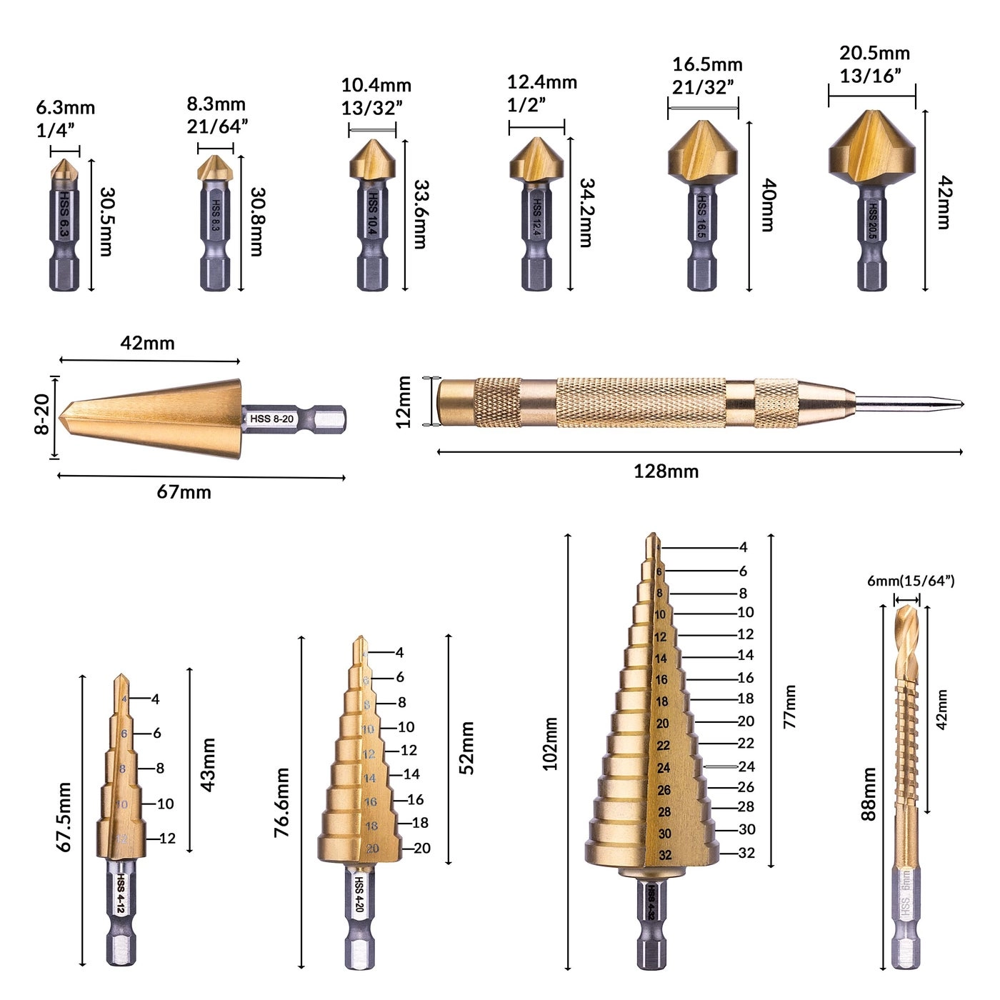 HSS Titanium Metric Step, Countersink, Cone Drills - 12-Piece