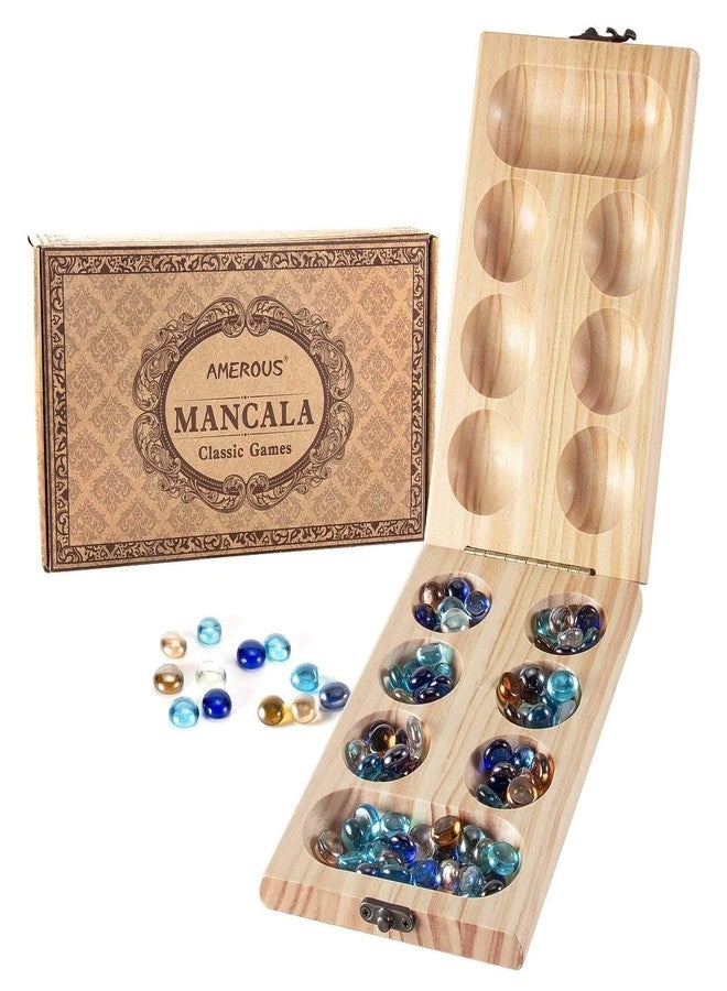 Mancala - Wooden Folding 728 Bonus Multi Color Glass Stones