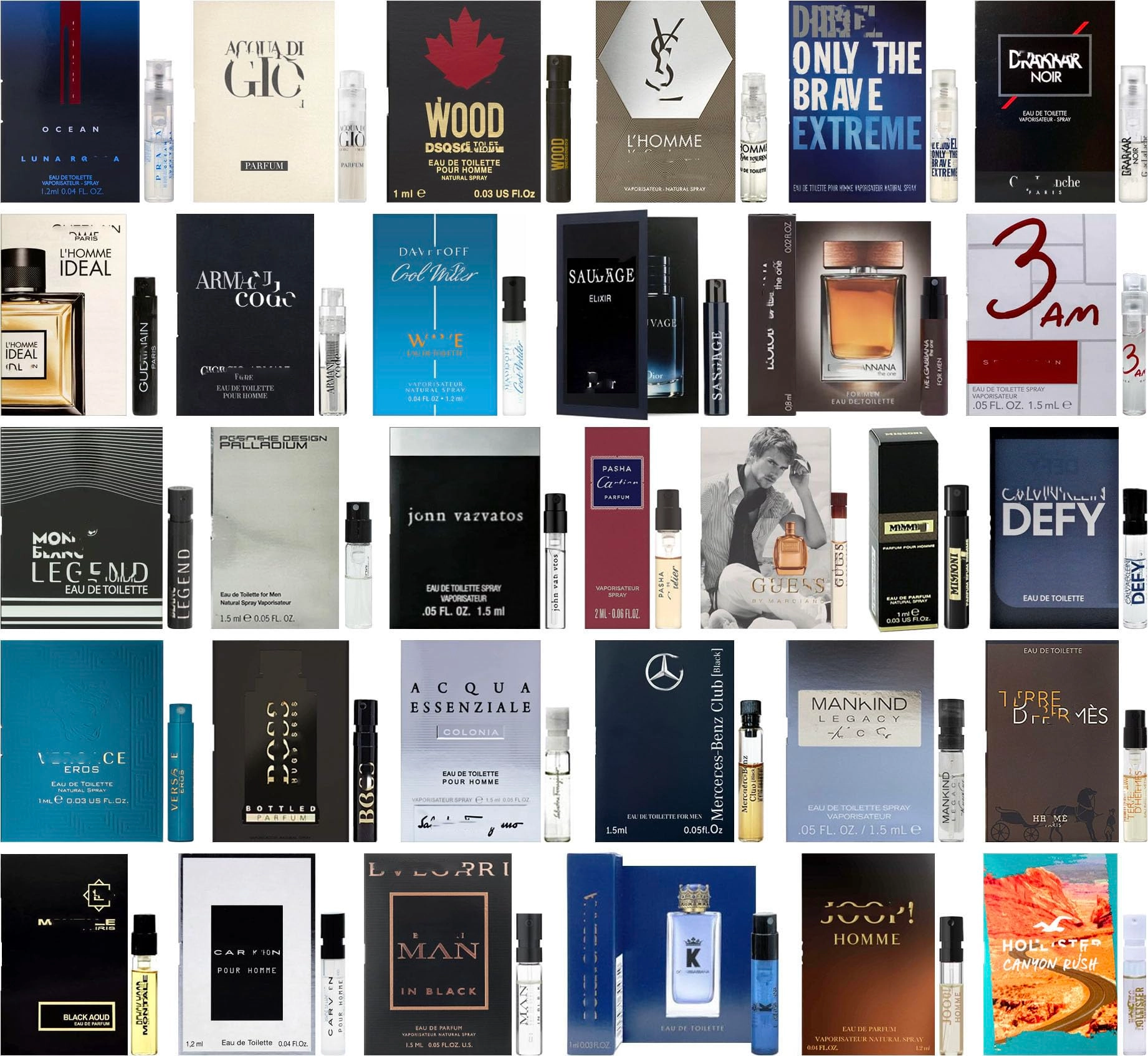 Assorted Cologne Sampler Set - Pack of 8 Sample Vials Eau de Toilette Pack