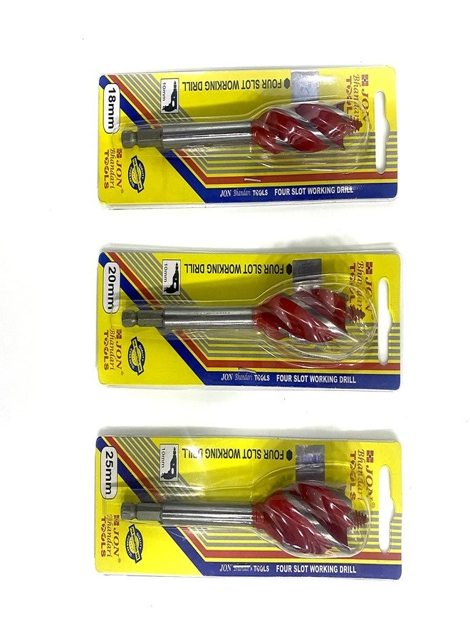 Jon Bhandari Tools Four Slot Wood Drill Bit Set - 18mm 20mm 25mm
