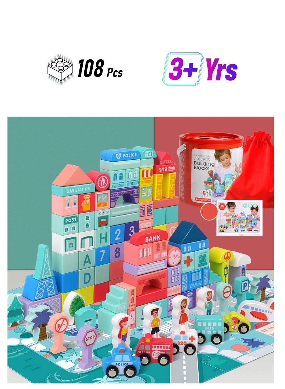 Loquat Wooden Building Blocks - Macaron Color 108pcs