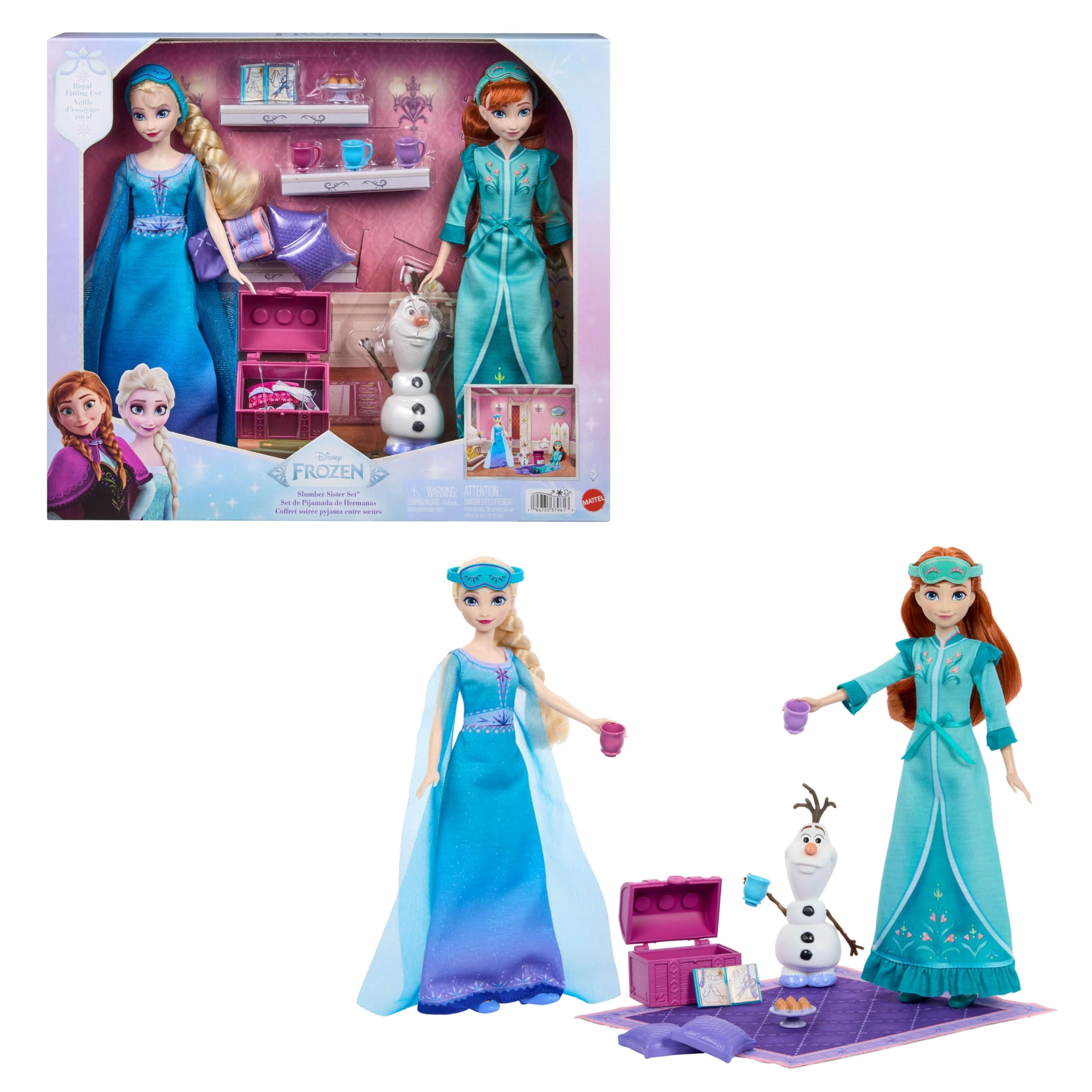 Mattel Frozen Sisters in Pyjama Set - Anna and Elsa with Olaf and 14 Accessories