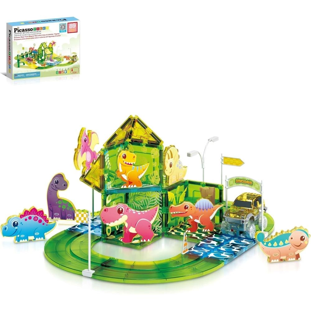 PicassoTiles Dinosaur Magnetic Tile Race Car Track - 89 pcs