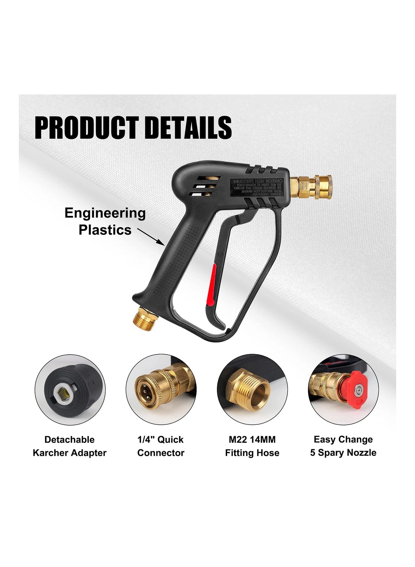 High Pressure Washer Gun - 5 Detachable Nozzle Tips Quick Connect M22-14mm