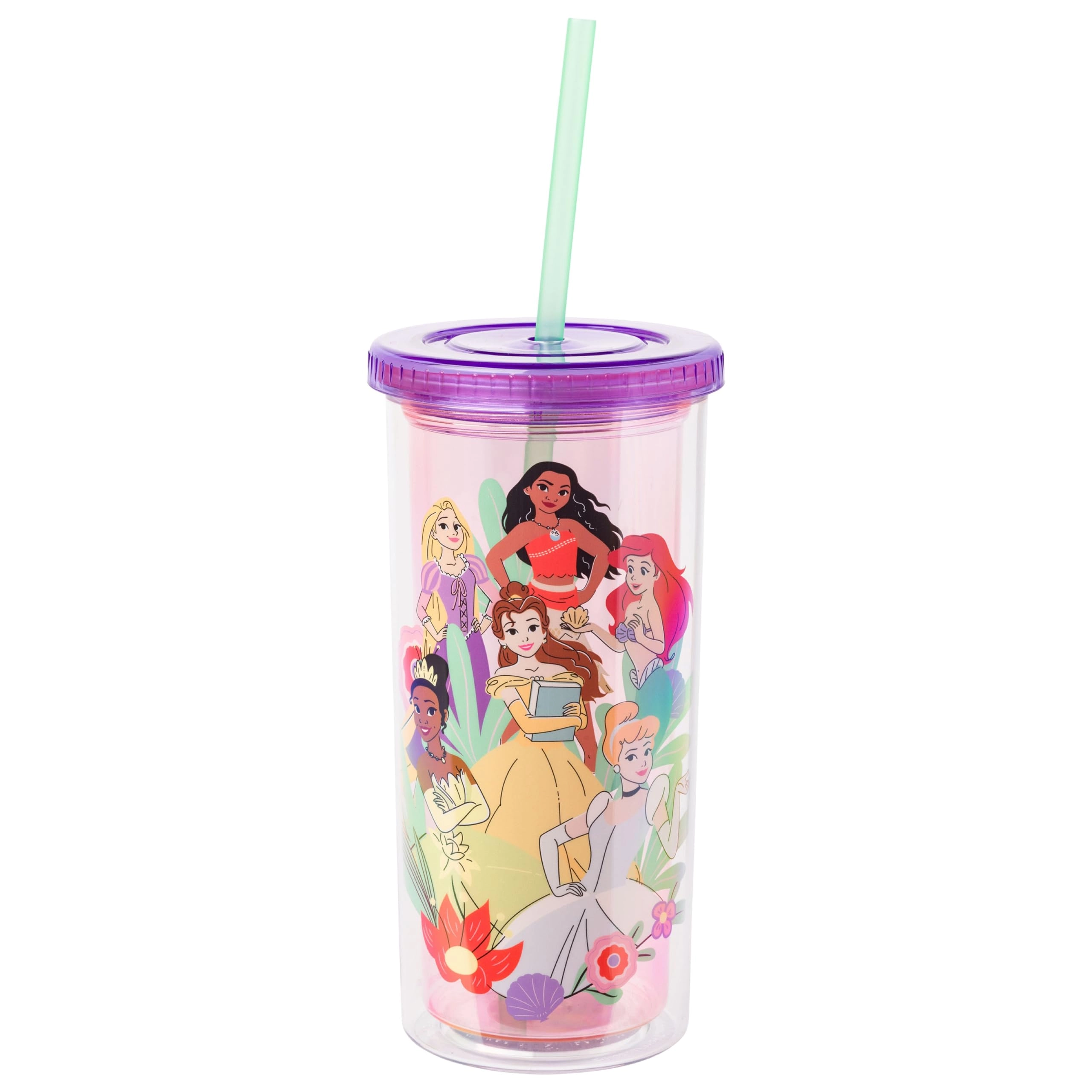 Silver Buffalo Disney Princess Reusable Cup - Floral Lid Straw