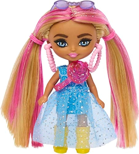 Barbie Extra Mini Minis - 3.25-inch Pink-Streaked Blonde Pigtails Blue Dress Ages 3+