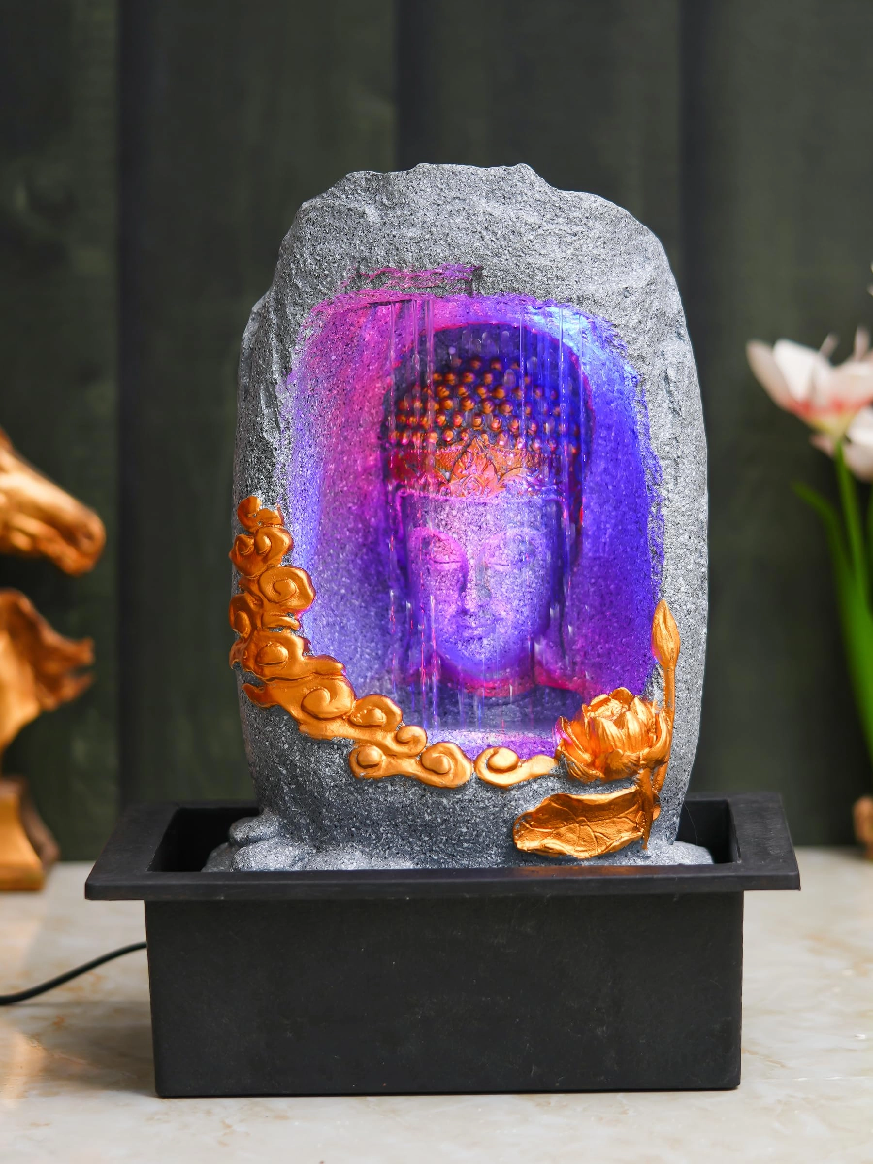 Chronikle World Meditating Buddha Sitting in Cave Style Indoor Front Curtain Waterfall Fountain - Polyresin