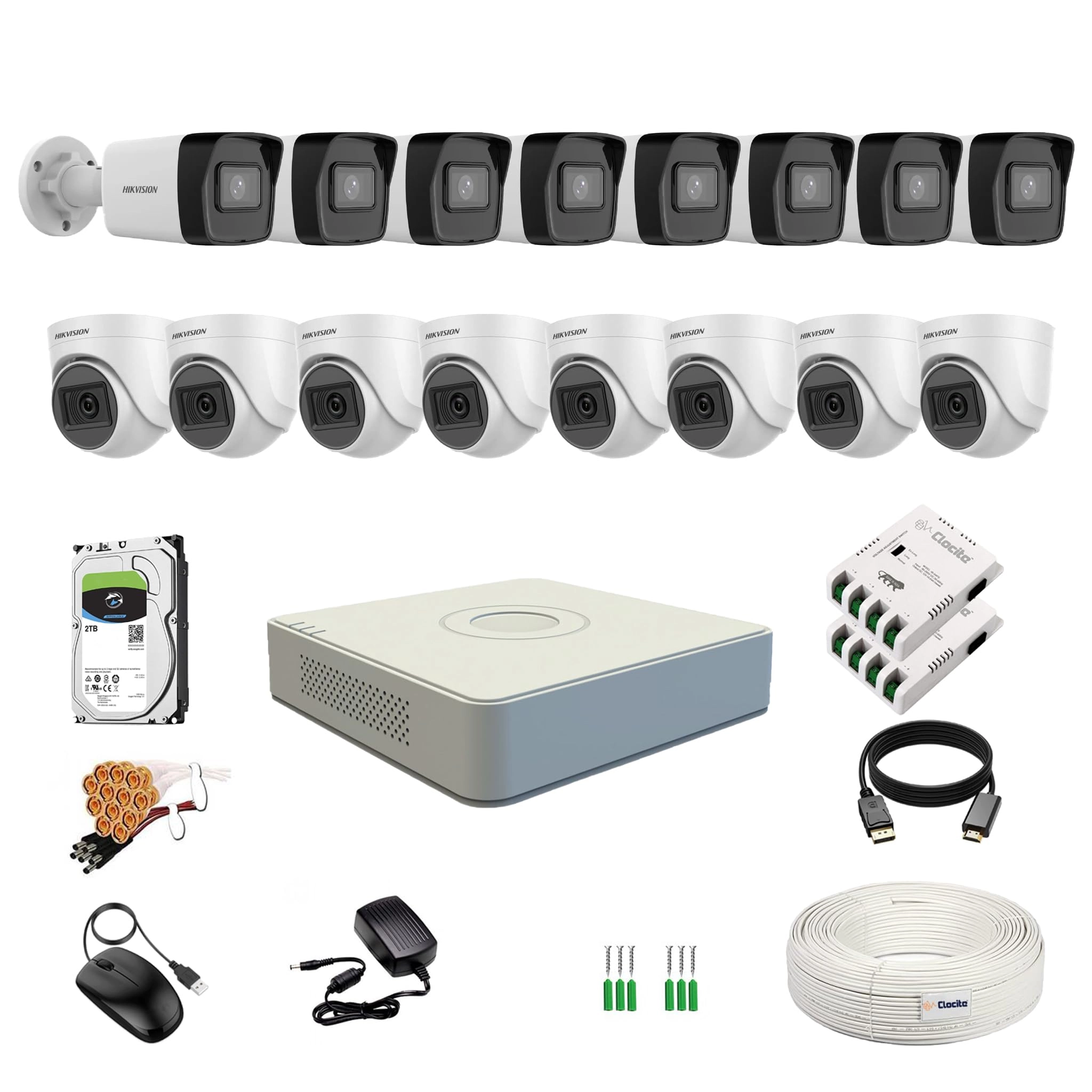 Prama Hikvision India Pvt.Ltd DVR + Dome Camera + Bullet Camera + Hard Disk + Cable Roll + Power Supply + BNC & DC Full Combo Kit - 2TB 16 channels