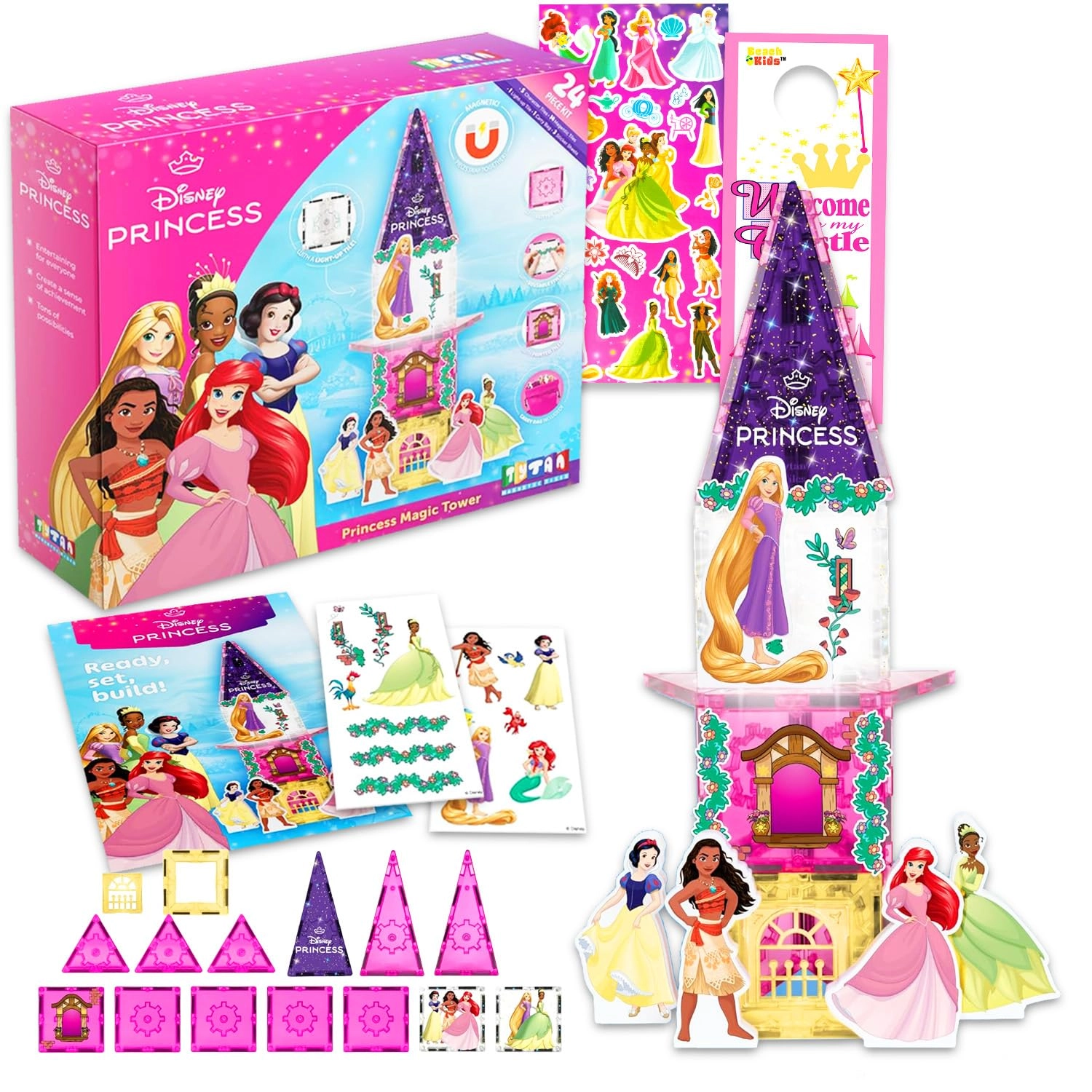 Officially Licensed Components Princess Building Kit - Moana, Ariel, Tiana, Snow White, Rapunzel 24 pcs Princess Magnetic Tiles
