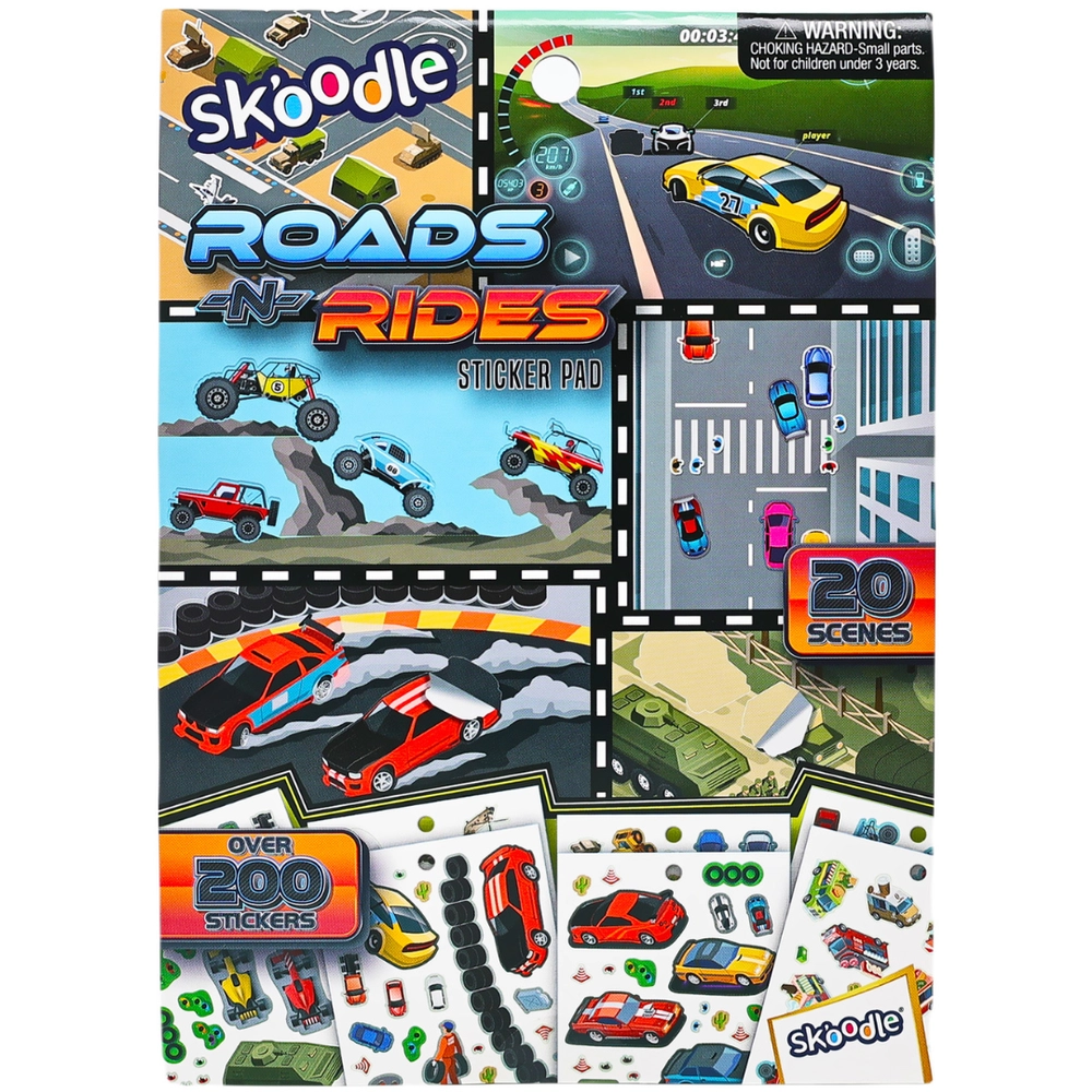 SKOODLE Roads N' Rides Reusable Sticker Pad Multicolor 200 pcs