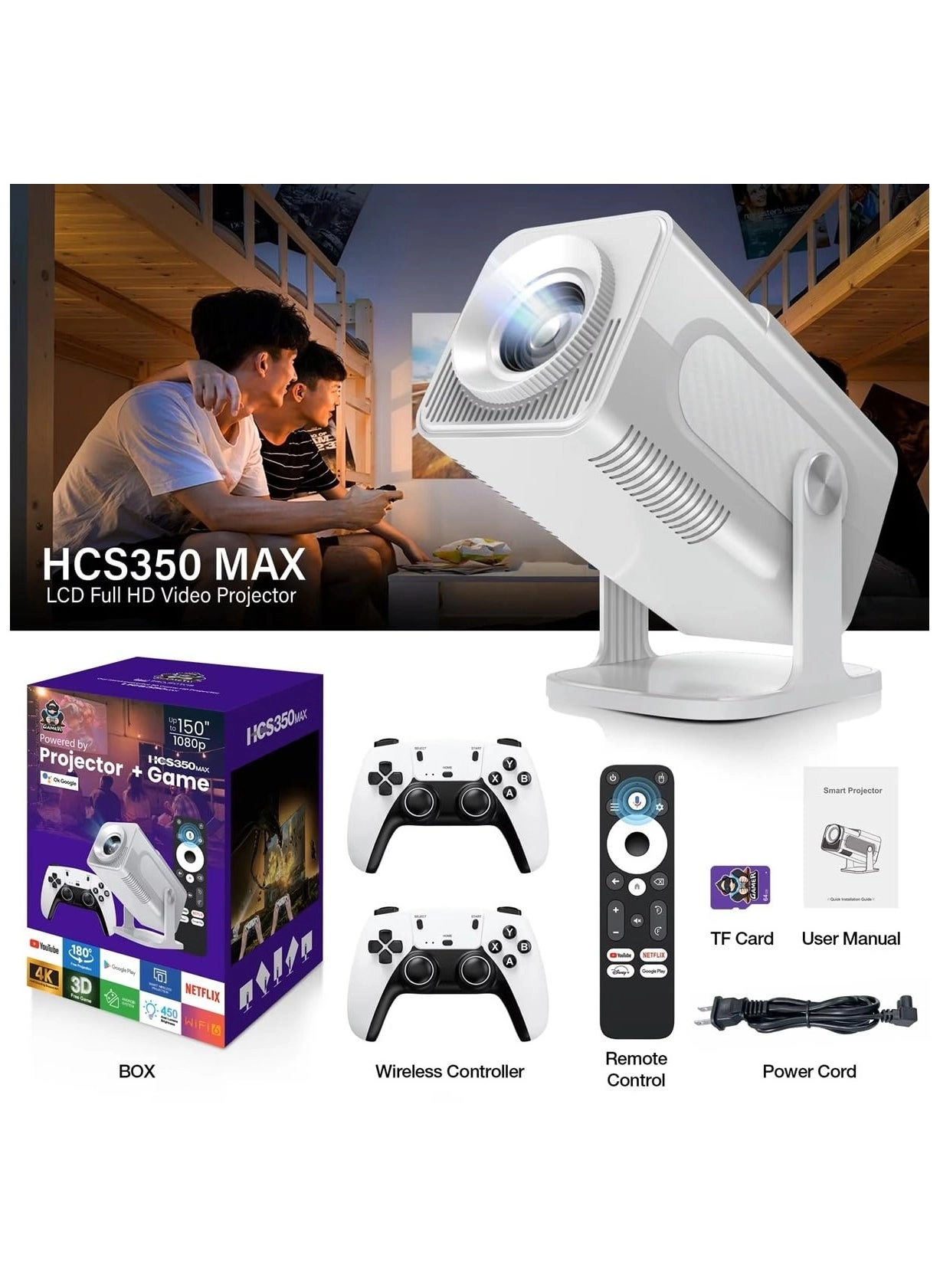 HCS350 Pro Android 11 Gaming Projector 64GB TF Card Wireless Gaming Controller Dual WIFI1920*1080P Home Theater Portable Projector (Hcs350pro White)
