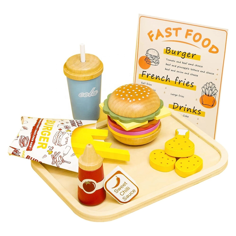 Little Angel Kids Wooden Fast Food Burger & Fries Playset - 15+ Pcs