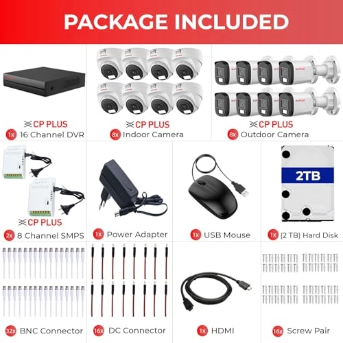16 Channel Turbo HD DVR + 2 MP Outdoor CCTV Camera + 2 MP Indoor CCTV Camera + 8 Channel Power Supply + Hard Drive - 2TB