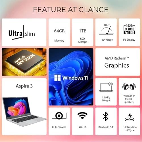 Aspire 3 - 15.6'' Ryzen 7 7730U 64GB DDR4 1TB PCIe SSD