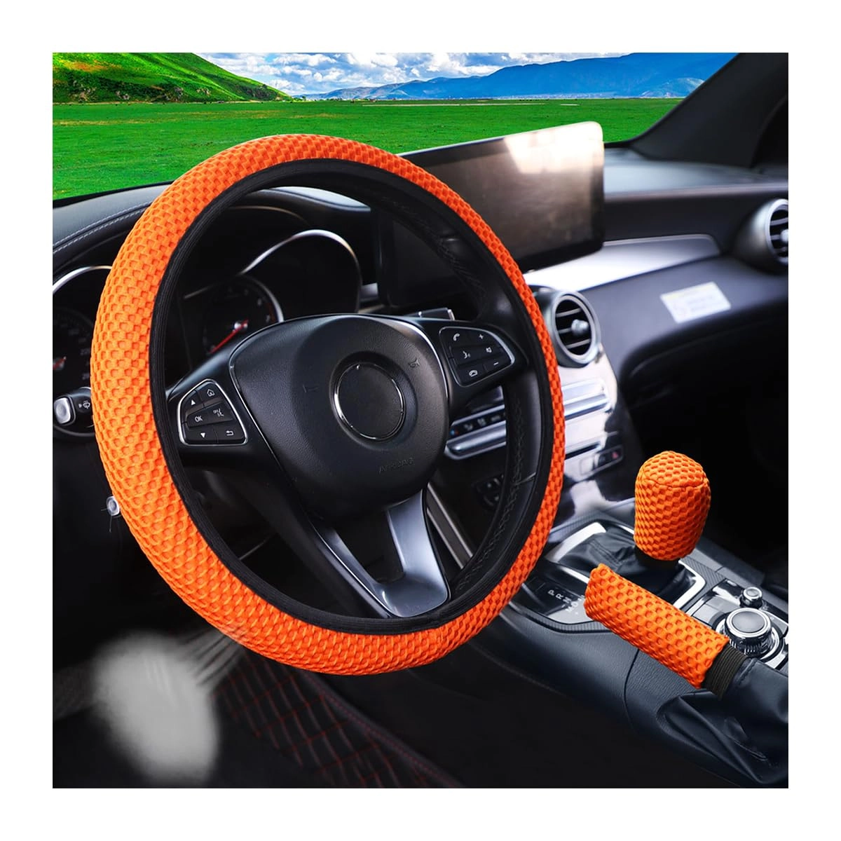 Bittwee Steering Wheel Cover - 15Inch + Armrest Cover + Gear Shift Cover