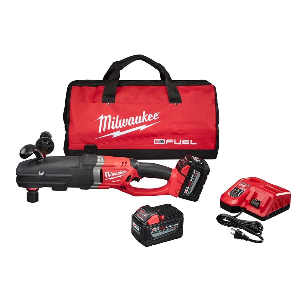 Builders World Wholesale Distribution M18 FUEL SUPER HAWG Right Angle Drill + REDLITHIUM XC5.0 Extended Capacity Battery Pack + M18 & M12 Rapid Charger + Side Handle + Contractor Bag