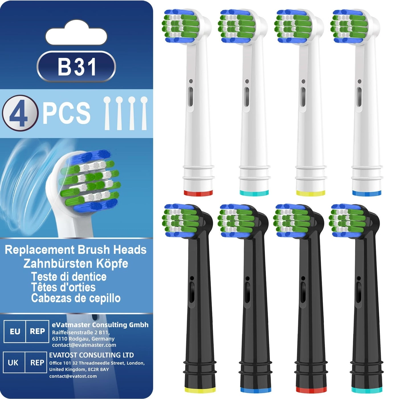BKIX Replacement Toothbrush Heads - Compatible with Oral B Braun Pro 500, 1000, Genius X, Smart 1500 Series 8 Pack White+Black