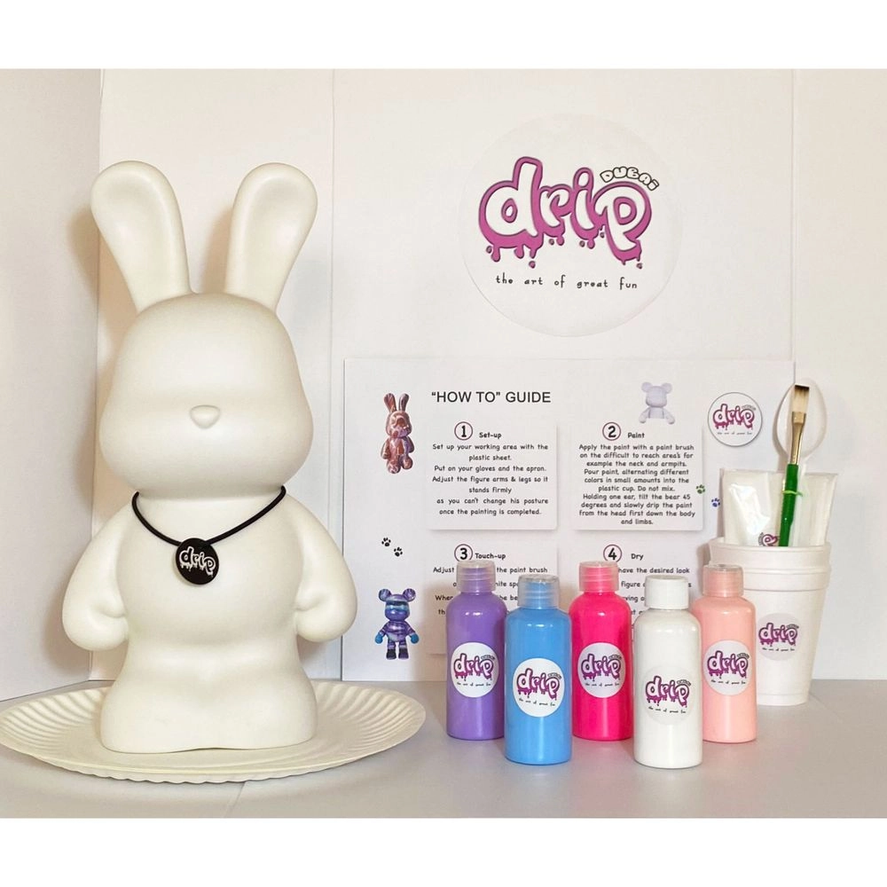 DIY Bunny Fluid Acrylic Pouring Paint Kit - 5 acrylic paints 2 oz/60 ml each; apron; clear cups; plate; gloves; paintbrush; pipette; spoon; table sheet