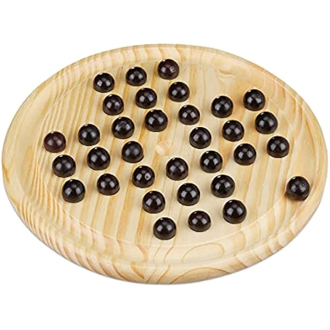 Relaxdays Solitaire Round Board - 33 Marbles Wooden Black