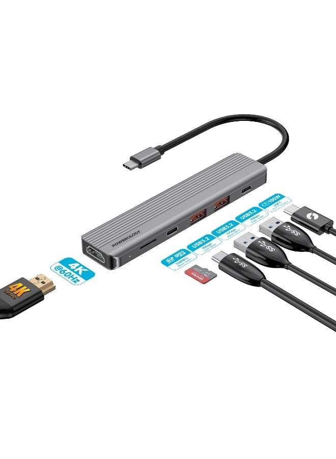 Powerology 6 Port USB-C Hub - 4K HDMI PD100W 10Gbps