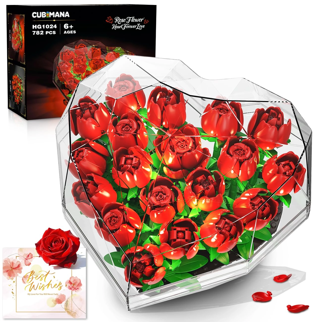 CUBIMANA Forever Heart Shape Box Roses - with Light Red Kits