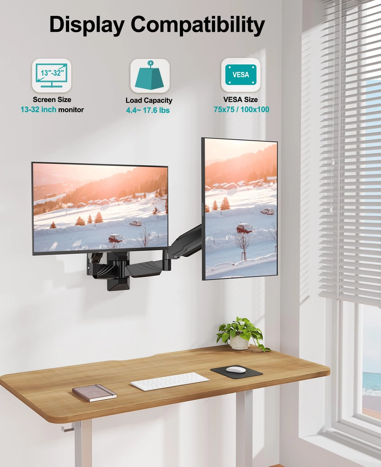 Dual Monitor Wall Mount - 2 Monitors 13 to 32 Inch VESA 75x75/100x100