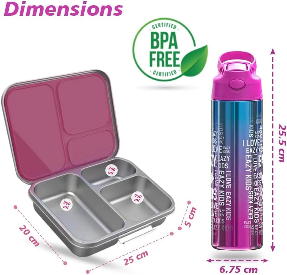 3 Compartment Bento Lunch Box - 1750ml + Stainless Steel Water Bottle - 530ml