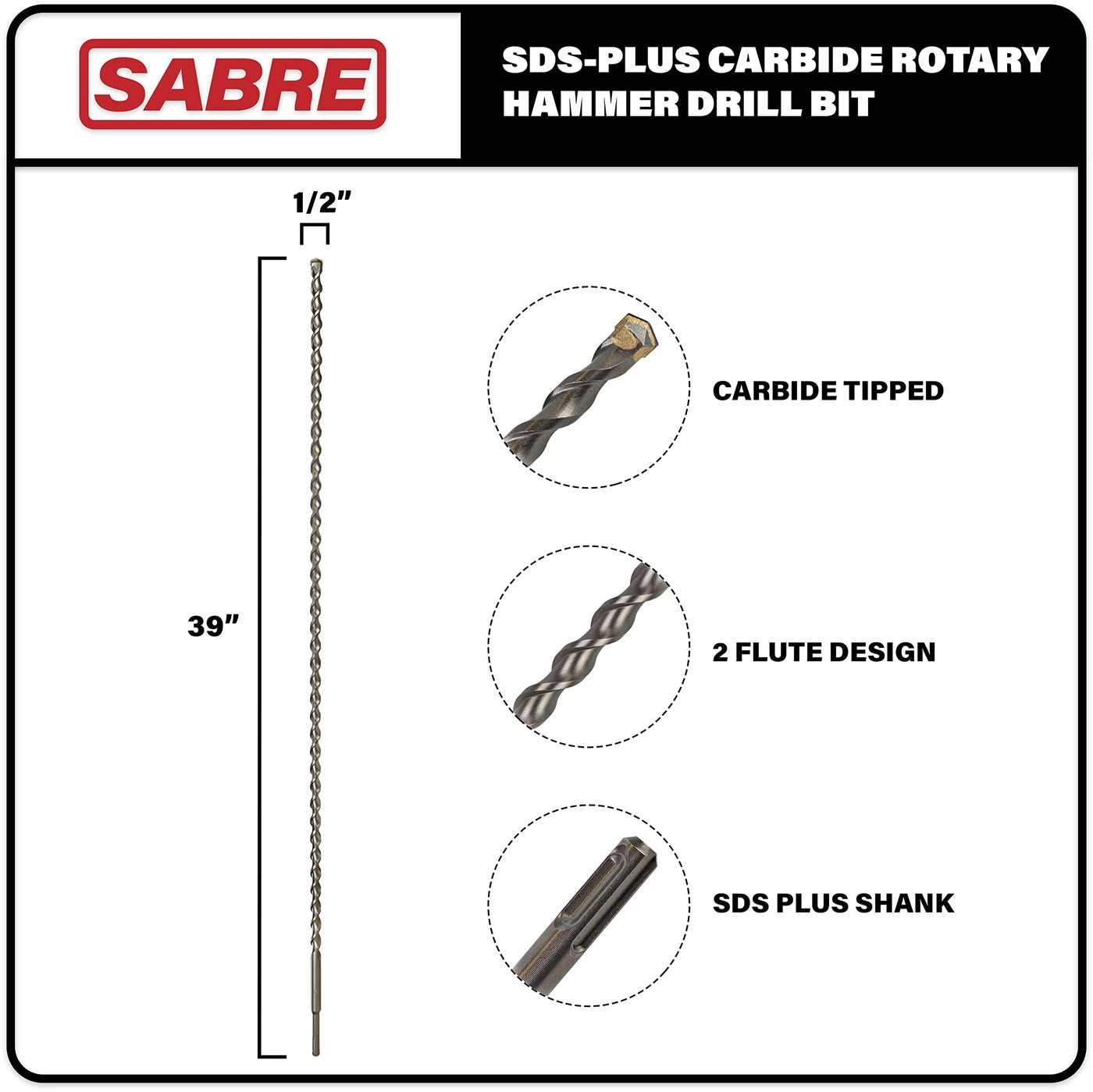 SDS Plus Rotary Hammer Drill Bit - Carbide Tipped 1/2 Inch x 39 Inch