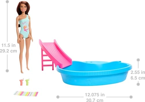 Doll - Brunette Seafoam Blue One-Piece Swimsuit + Pool Playset - Pool Slide Ages 3+