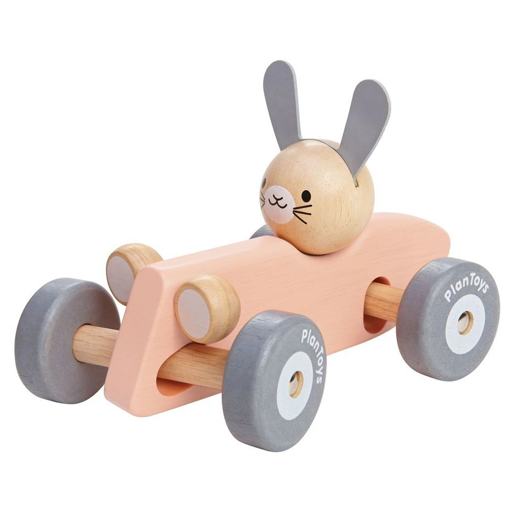 Bunny Racing Car - Wooden Vintage Pastel Rose