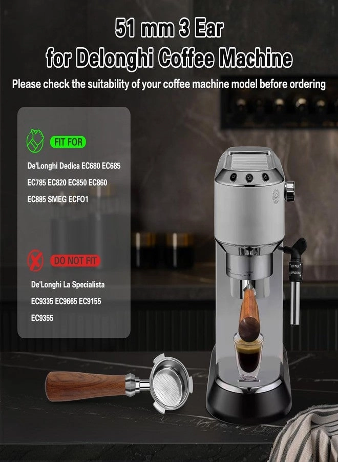 51mm Bottomless Portafilter - 3 Ears Compatible with Delonghi Dedica EC680 EC685 SMEG EUPA Rosewood Handle