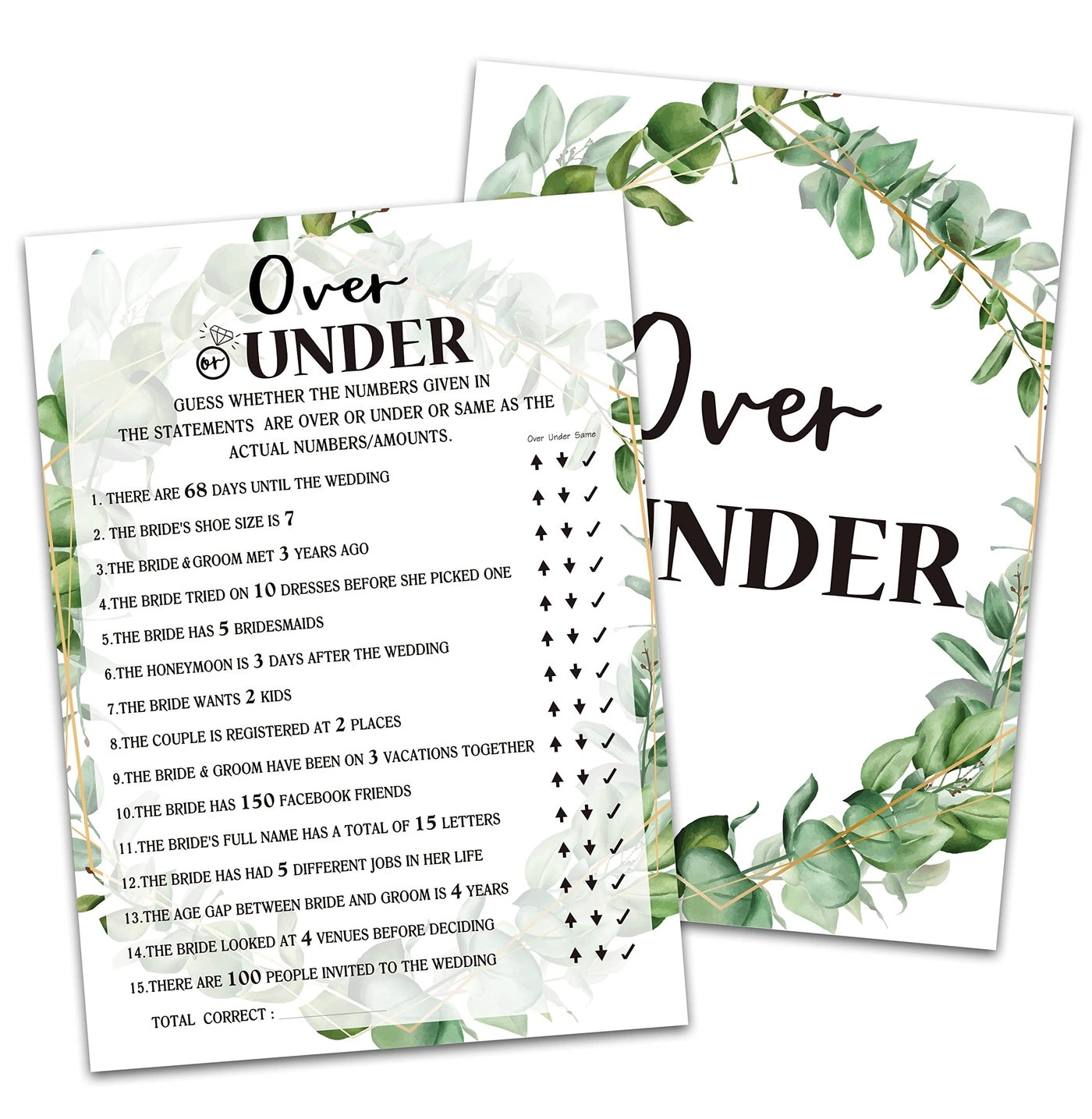 Bridal Shower Game Over or Under - 30 Cards