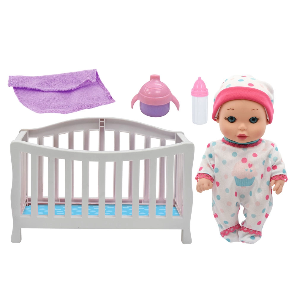 Baby Maziuna Little Darlings Doll - 8" fully poseable + Crib + blanket + milk bottle + sippy cup Ages 2+