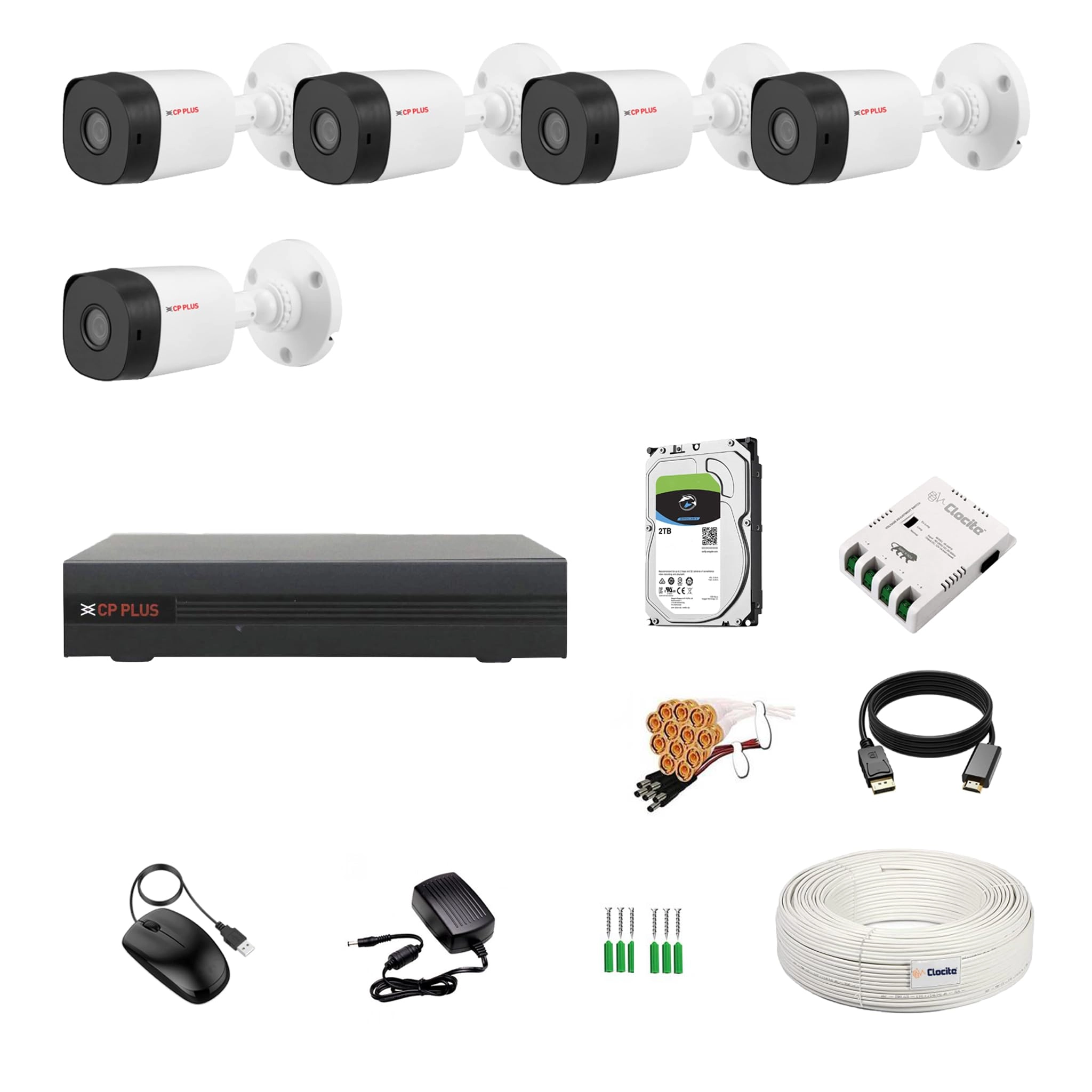 Aditya Infotech Ltd CP Plus 8 Channel DVR + 5 Bullet Cameras + HDD - 2TB + Copper Cable Roll (1+3) + 8 CH Power Supply + BNC & DC Full Combo Kit