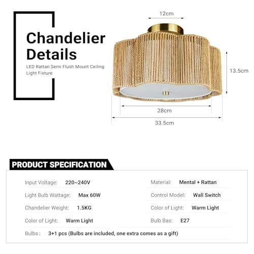 LED Rattan Farmhouse Chandelier - 3-Light Semi Flush Mount 33.5cm
