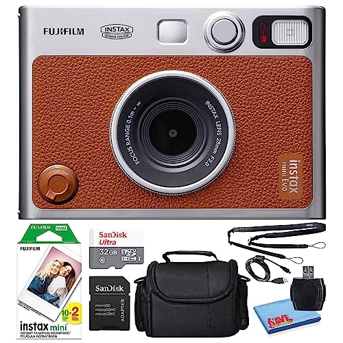 Instax Mini EVO - Brown + Instax Mini Instant Film Sheets - 60 Sheets + microSD Memory Card - 32GB + Small Padded Carrying Case + SD Card Reader + Microfiber Cleaning Cloth