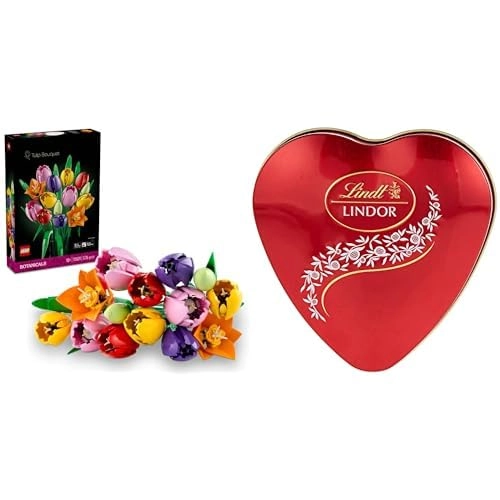 LEGO Tulips - Botanicals Tulip Bouquet + LINDOR MINI HEART TINS - 62 GM