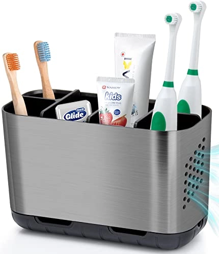 Boperzi Toothbrush and Toothpaste Holder - Brushed Nickel Large Drainage