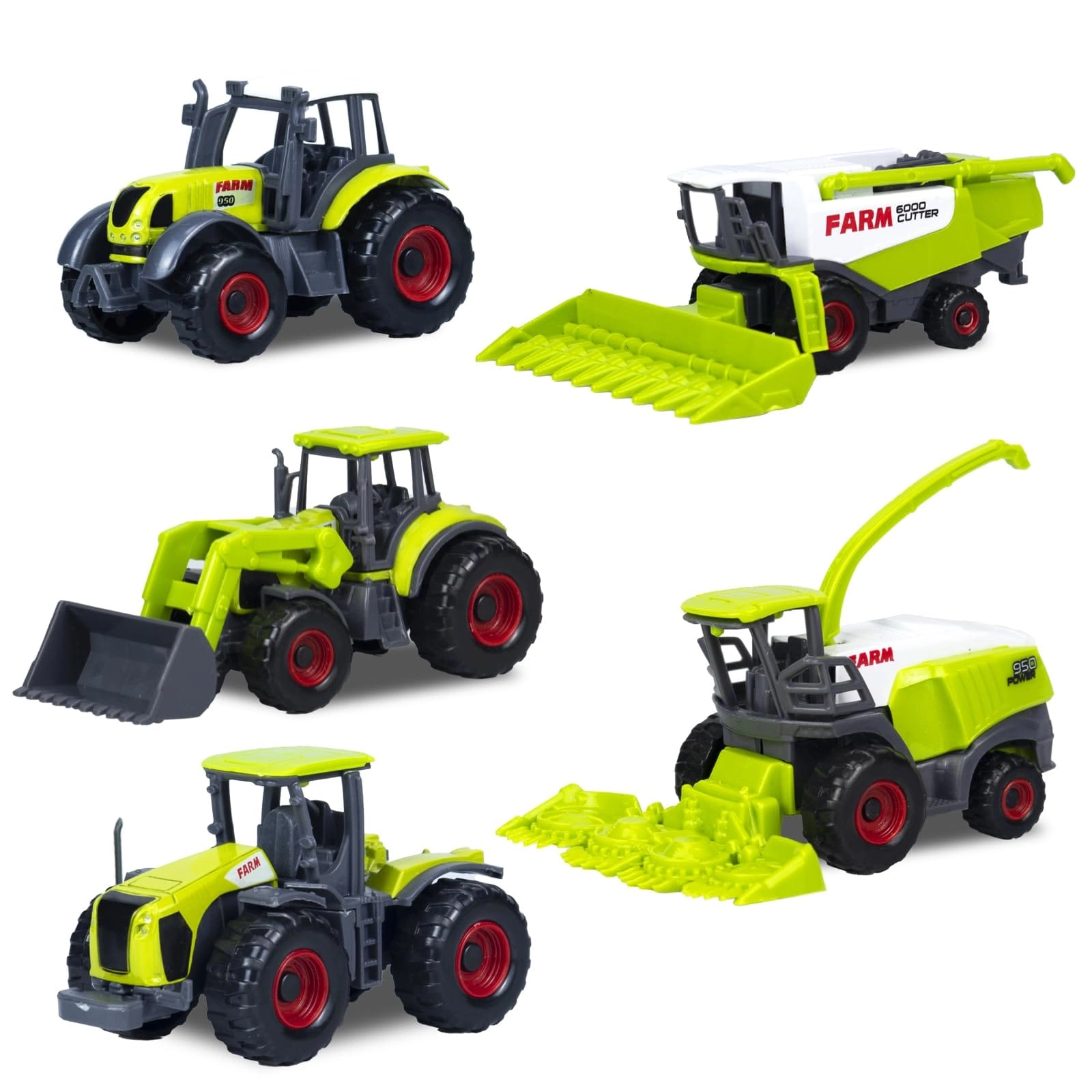 Bloolilies Combine Harvester - 1:64 5pcs + Forage Harvest + Tractor + Loader Tractor + Tractor with Digger