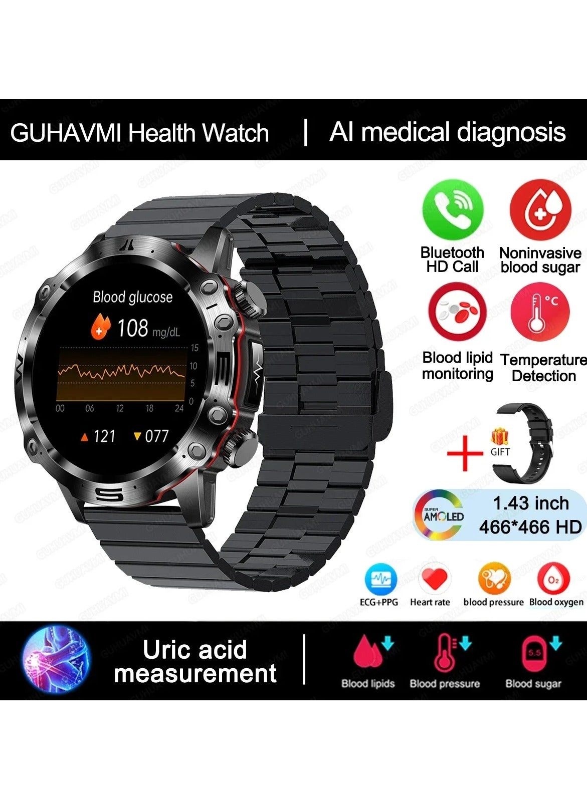 Glucose Monitoring Smart Watch - ECG Bluetooth Call SpO2