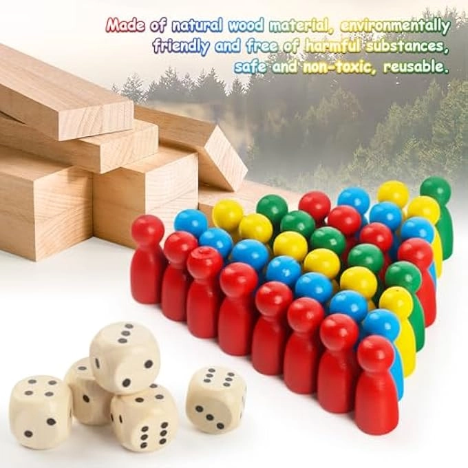 WOODEN TOY FIGURES - 80 PIECES COLOURFUL + WOODEN CUBES - 5 PIECES + WOODEN HALMA GEL
