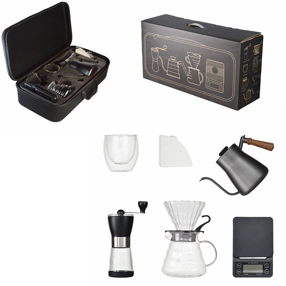 BLOOMING TIME Glass Dripper + Glass Pot + 250ml Mug + Manual Grinder + Coffee Scale With Timer + 1.0L Kettle + 100Pcs Filter + carry bag