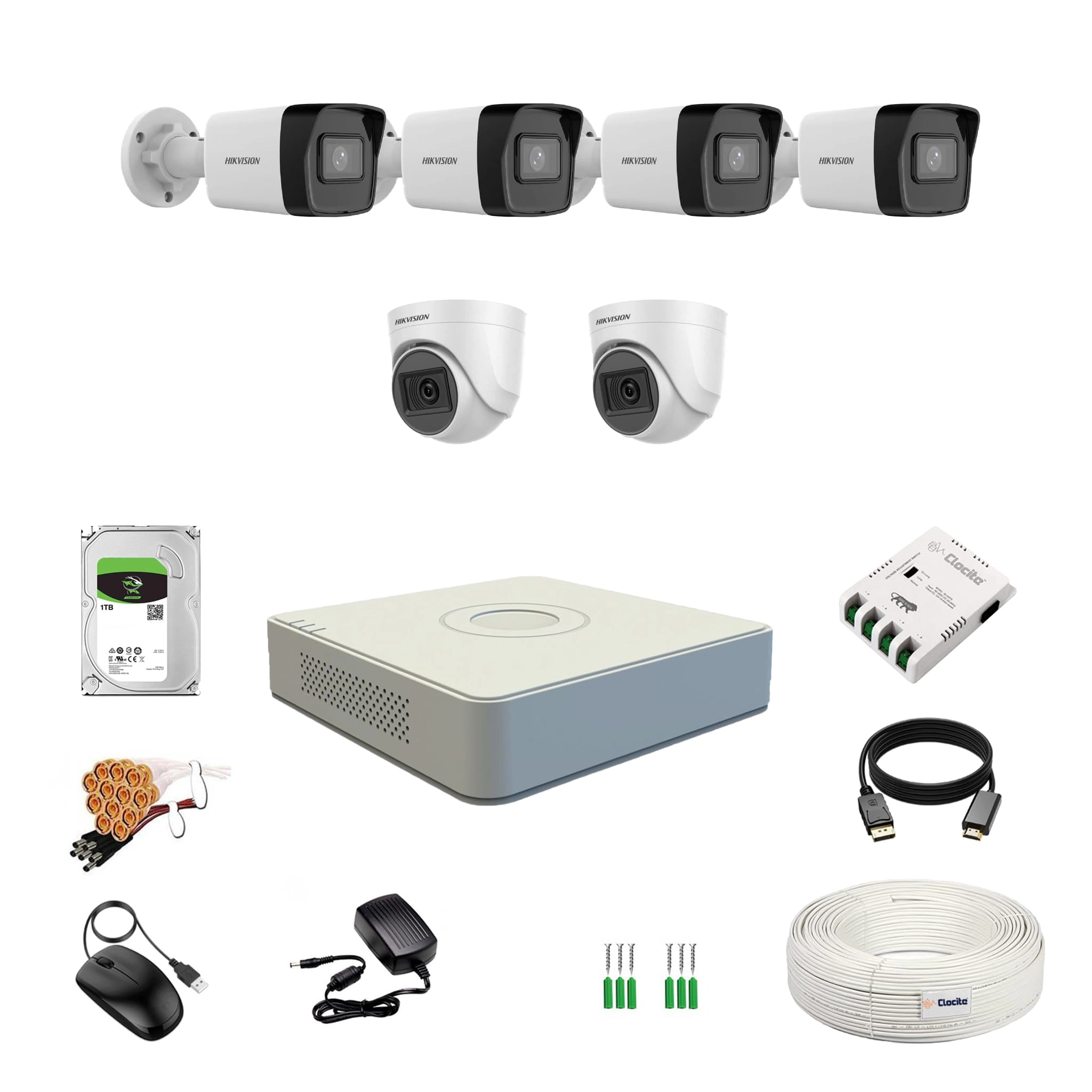 Prama Hikvision India Pvt.Ltd 8 Channel DVR - 2MP + 2MP Dome Camera + Bullet Camera + 1TB Hard Disk + CCTV Coaxial Cable + 8Ch SMPS