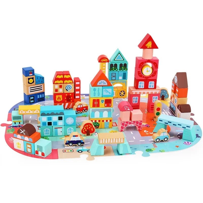 Bluejw Wooden Building Blocks Set - 100pcs City Construction Scene