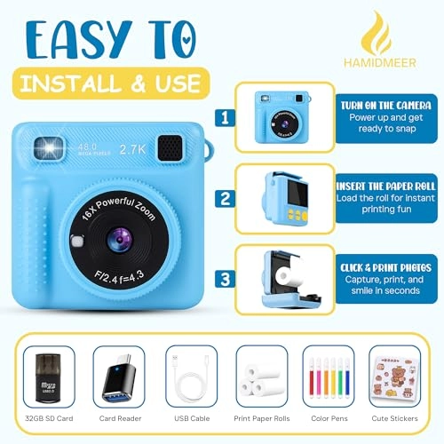 Kids Instant Print Camera - 1080P 32GB