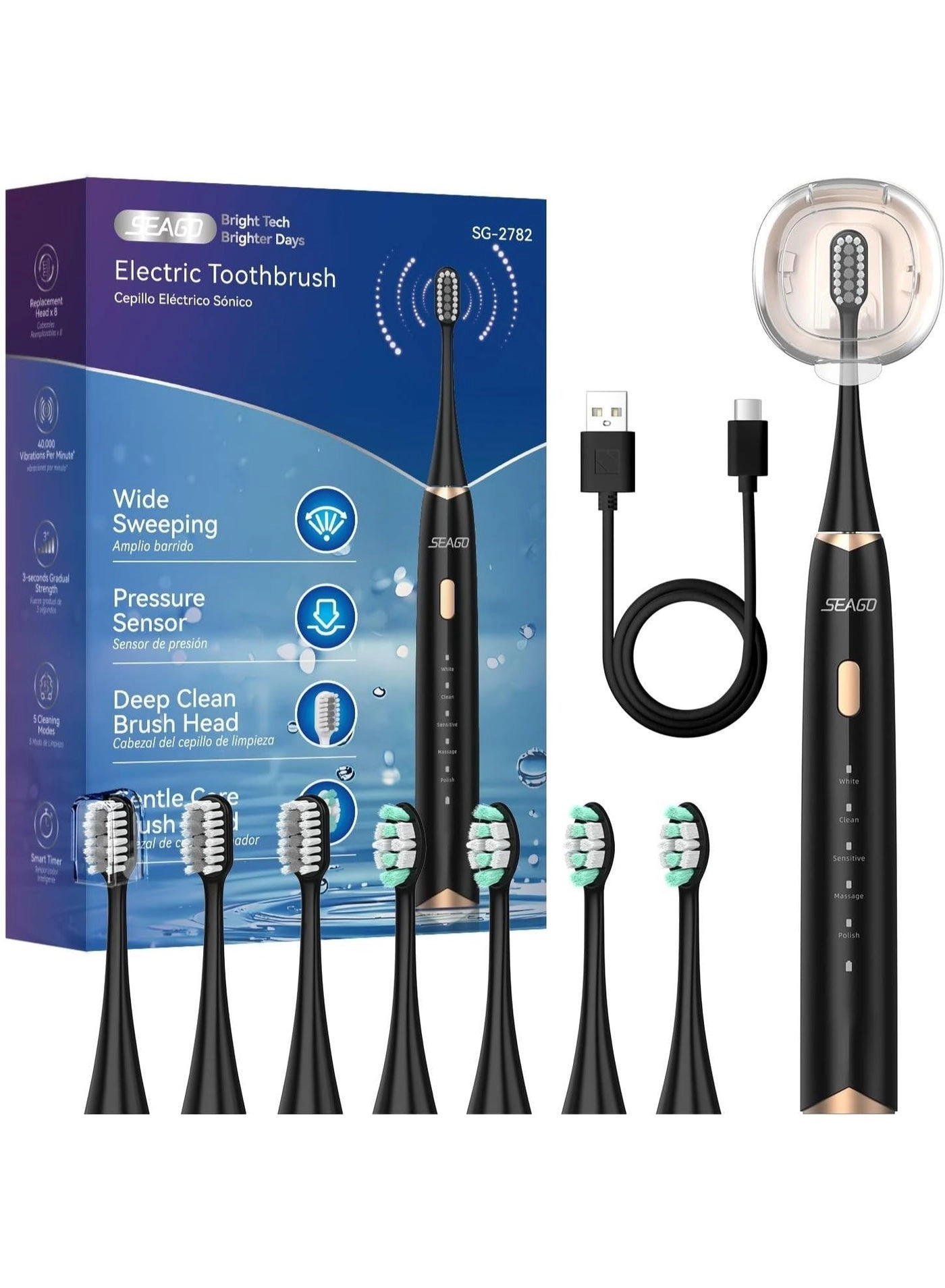 SG-2753 - Ultrasonic Rechargeable 8 Brush Heads 5 Modes