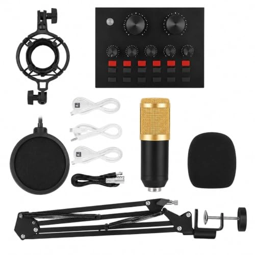 Condenser Microphone + Adjustable Scissor Arm Stand + Live Sound Card Mixer - Wired Microphone