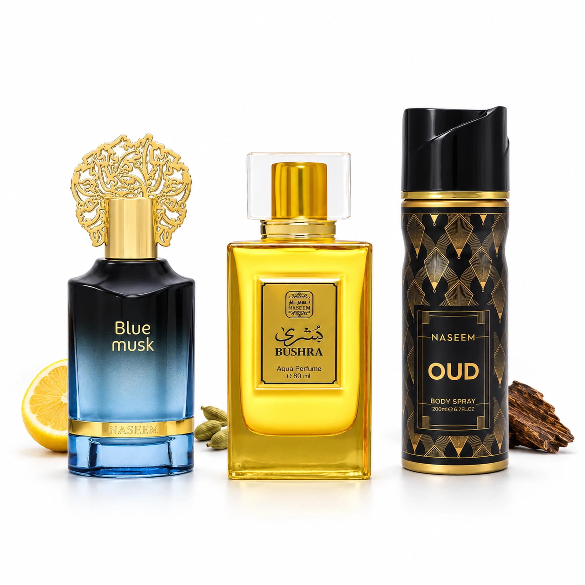 Naseem Blue Musk - 55ml + Bushra - 80ml + Oud Body Spray - 200ml